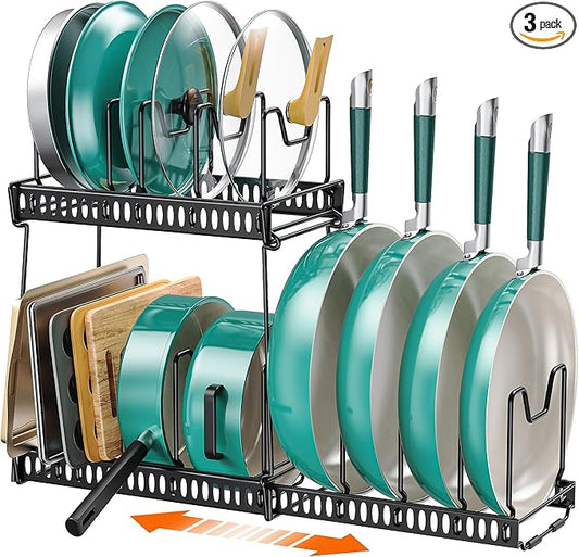 Pots and Pans Organizer Under Cabinet, 14 Adjustable Divider Pot Lid Rack Organizer 3-Pack Kitchen Storage Pan Holder Organizer Inside Cabine for Cookware, Baking Sheet(Black)