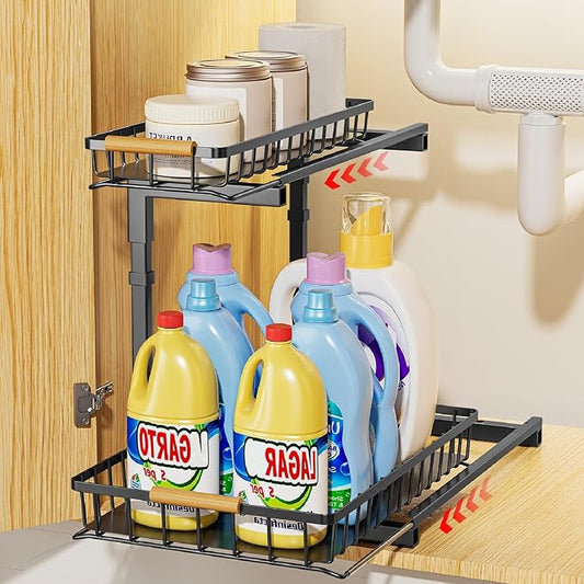 Delamu Under Sink Organizer, Pull Out Cabinet Organizer, Slide Out Under Sink Storage Shelf, Undersink Organizers Shelves for Kitchen Bathroom Pantry