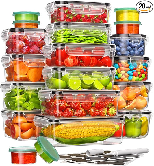 40 Piece Food Storage Containers with Lids(20 Containers & 20 Lids), BPA-Free Plastic Food Containers for Kitchen Storage and Organization, Leak Proof Meal Prep Container, Includes Labels & Pen