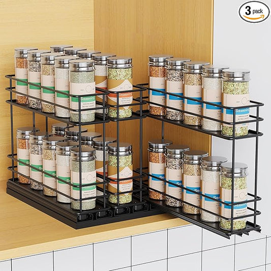 Pull Out Spice Rack Organizer for Cabinet, Slide Out Spice Racks, Easy to Install, 2.75''Wx10.35''Dx8.26''H, 3 Drawers 2 Tiers(Black