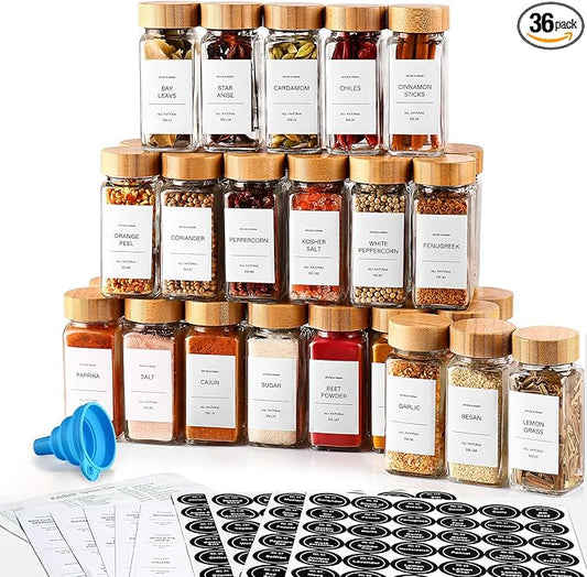 DWTS DANWEITESI 36 Pcs Glass Spice Jars - 4oz With Bamboo Lids, Empty Bottles With Labels, Kitchen Spice Jars With Shaker Lids