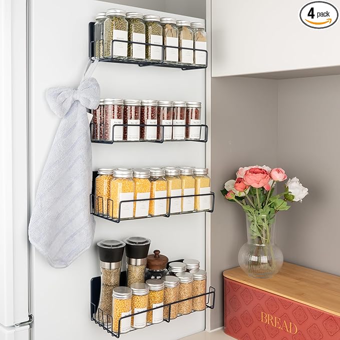 Strong Magnetic Spice Rack For Refrigerator with 20 Hooks, Space Saving Organizer, Durable Shelf for Oven - 4 Pack - Iron - Midnight Blue