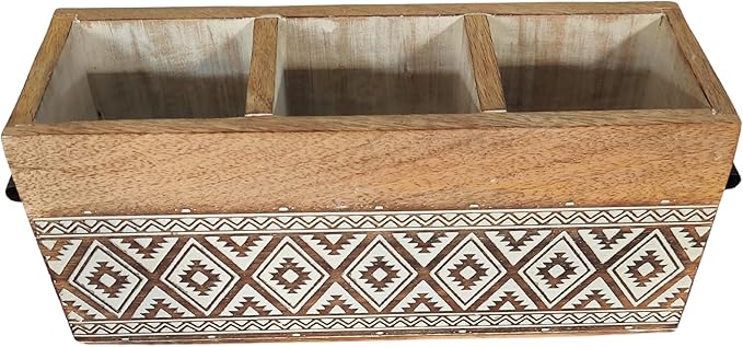 VANIYA CRAFTSR® Handmade Wooden Carved Design 3 Compartments Cutlery Utensil Holder For Napkins, Spoons, Forks, Tissues, Knife (Natural White Finish)