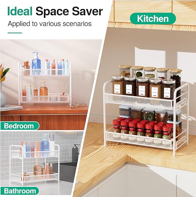 Spice Rack Organizer for Countertop,Xpatee 2-Tier Foldable Metal Rust-Proof Standing Large Seasoning Storage Shelf with Guardrail and Mesh Design for Kitchen Cabinet Bathroom Living Room Pantry, White