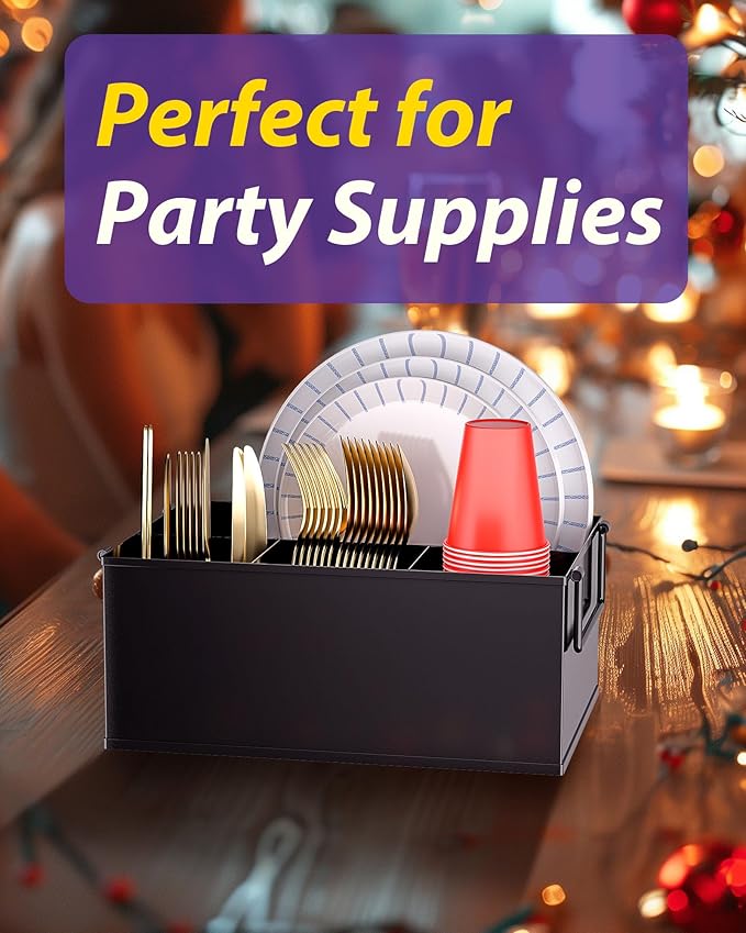Paper Plate Holder Reusable - Outdoor Utensil Caddy with Dual Handles, Ideal Silverware Holder for Party, Camping Organizer, Scratch-Proof Bottom Pads, and Easy-to-Clean, Balck