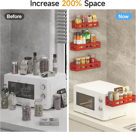 4 Pack Magnetic Spice Rack for Refrigerator, Spice Rack Organizer, Moveable Magnetic Shelf Fridge Organizer with 4 Hooks for Kitchen and Oven Organization,Red