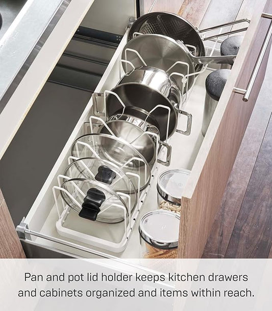 YAMAZAKI home 3840 Adjustable Lid & Pan Organizer-Kitchen Drawer Storage Shelf Rack, One Size, White
