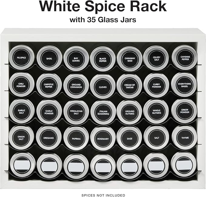 Excello Global Products Hanging Spice Rack - Includes 35 Glass Spice Jars and Accessories (White)
