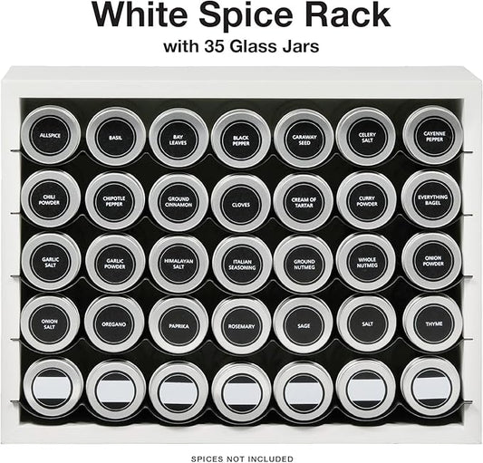 Excello Global Products Hanging Spice Rack - Includes 35 Glass Spice Jars and Accessories (White)