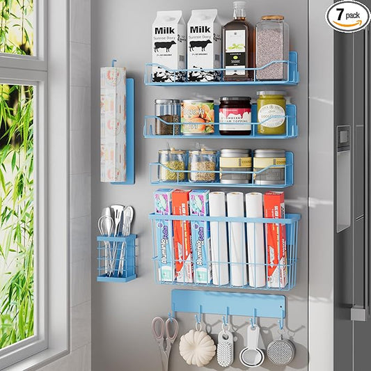 Magnetic Spice Rack for Refrigerator, 7 Pack Magnetic Fridge Shelf for Kitchen Organization Storage, Moveable Spice Organizer W/Paper Towel Holder, Utensil Caddy, Cutting Board Rack (Blue)