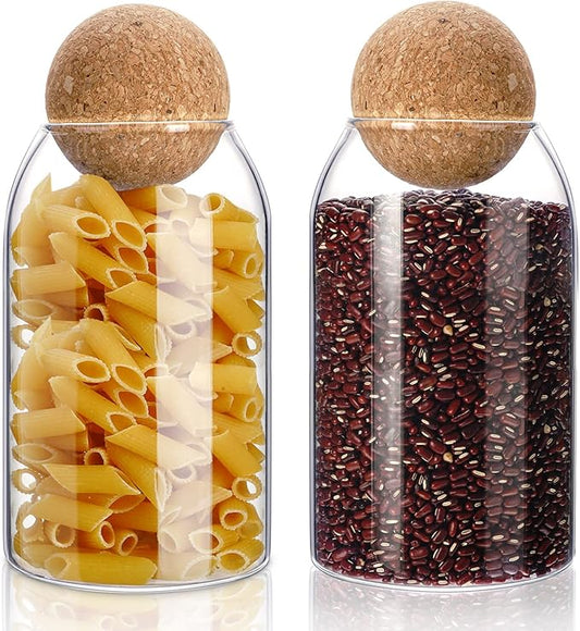 2 Piece Cork Glass Jars with Cork Lid Storage Jar Container with Ball Round Bottles Canisters with Airtight Seal Wooden Lid(800 ML)