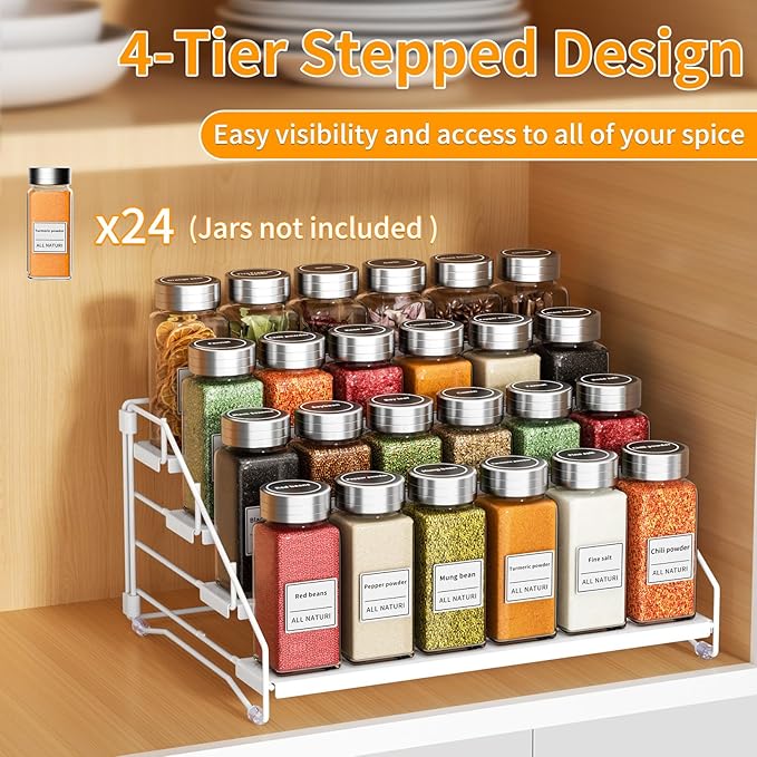 RCHYFEED Spice Rack Organizer for Cabinet, 4 Tier Spice Organization for Cabinet Adjustable Step Storage,Tierd Spice Rack Seasoning Organizer for Kitchen Countertop Pantry, Metal(1 Pack)