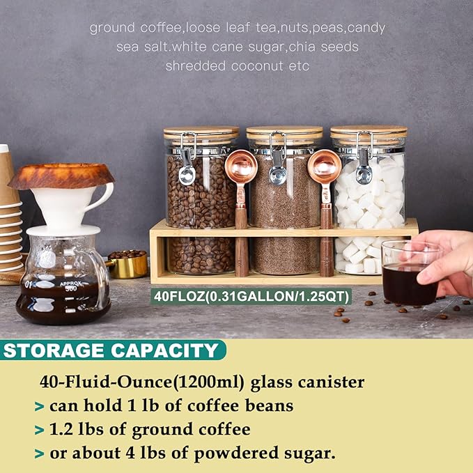 KKC Airtight Borosilicate Glass Coffee Beans, Loose Leaf Tea & Sugar Containers with Bamboo Lids & Scoops,Rack, Labels - Cocoa,Matcha, Kitchen Pantry Organization - 40 Fl.Oz