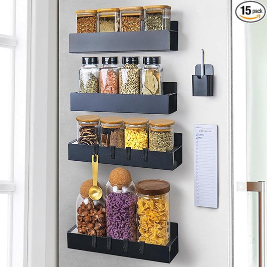 4-Pack Magnetic Spice Rack Set with Hooks, Grocery Notepad & Pen - Space-Saving Kitchen Organizer for Spices & Jars