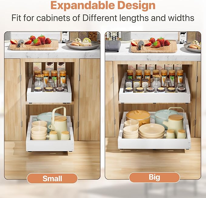 2 Pack Pull out Cabinet Organizer, Width (11"-19") Depth (16"-22"), with 3 Rails Adjustable Slide, Expandable Pullout Drawers for Cabinets, No Drill Adhesive Kitchen Drawers for Shelves