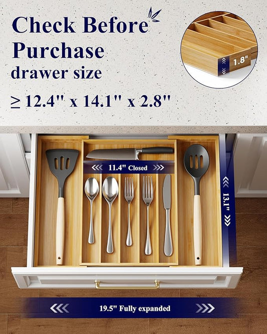 Kitsure Bamboo Silverware Organizer – Expandable drawer organizer with 6 to 8 slots, 12.40"×10.60"×1.77"