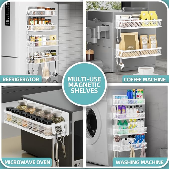 Magnetic Spice Rack for Refrigerator, 4 Pack Magnetic Shelf for Refrigerator,Moveable Fridge Magnetic Spice Racks with 10-Hook Rack for Kitchen Organizers and Storage