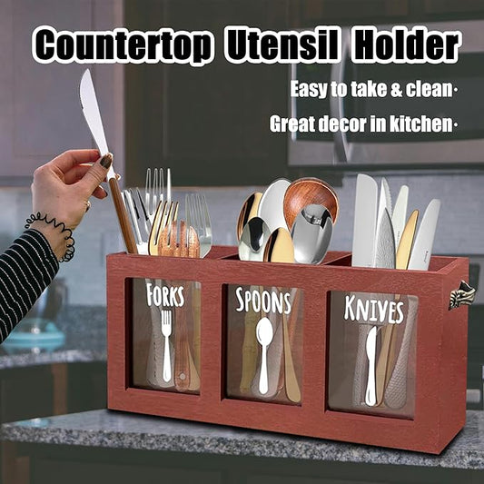 Wooden Utensil Caddy, Kitchen Silverware Caddy Countertop, Spoon And Fork Holder With Handles, Farmhouse Flatware Cutlery Holder, Rustic Silverware Organizer For Party(Brown)