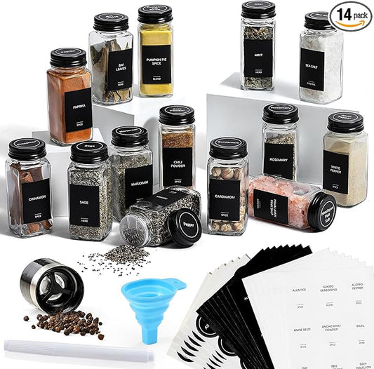 AOZITA 14 Pcs Glass Spice Jars with Black lids - 4oz Empty Square Spice Bottles and Spice Labels - Black Shaker Lids and Airtight Metal Caps - Silicone Collapsible Funnel Included