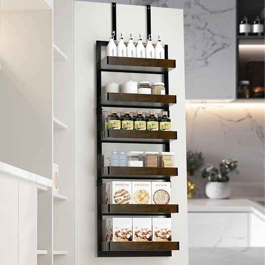 Over The Door Organizer, 6-Tier Over The Door Pantry Organizer, Heavy Duty Metal Frame, Spice Rack, Behind the Door Storage for Kitchen, Bathroom, Laundry Room, 16.9”L×6.3”W×51.2”H (Black)