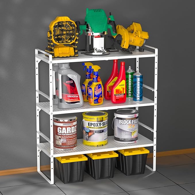 iPEGTOP Large Expandable Cabinet Storage Shelf Organizer Rack, Heavy Duty Stackable Steel Metal Spice Rack Adjustable Height Home Office Pantry Garage Shelf for Counter Kitchen, White - 1 Pack