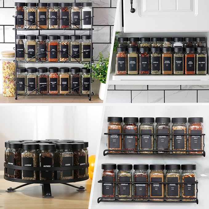 Spice Jars with Labels，4oz Black Seasoning Containers Jars Bottles with Shaker Lids for Rack, Cabinet, Drawer,Empty Square Condiment Pots (48)
