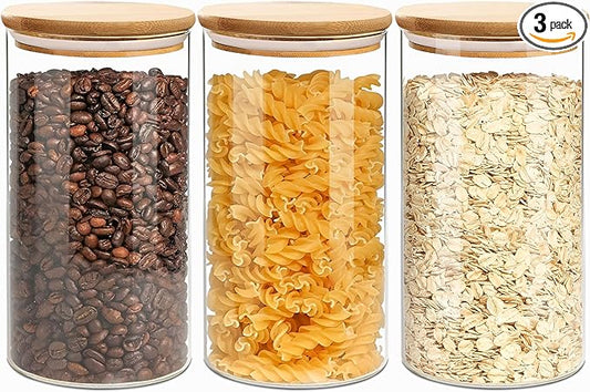 40oz Round Glass Storage Containers with Lids, Clear Food Storage Container Jar with Sealing Bamboo Lid for Noodles Flour Cereal Rice Sugar Tea Coffee Beans, Round Set of 3