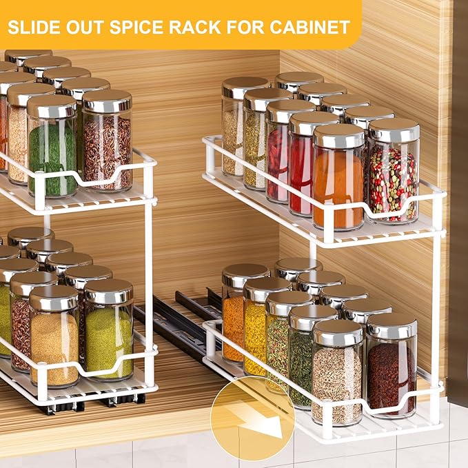 Pull Out Spice Rack Organizer for Cabinet, 2 Tier Slide Out Spice Rack, Sliding Spice Organizer Shelf, White