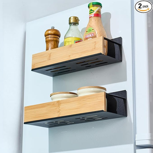 2 Pack Wooden Spice Rack, Metal & Magnetic, Upgraded Widened Fridge Spice Rack
