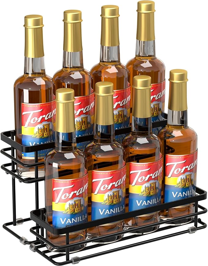 8 Bottle Coffee Syrup Organizer Rack, 2 Tier Coffee Syrup Stand Holder for Coffee Bar, Coffee Syrup Organizer for Countertop, Small Wine Rack for Family, Storage for Syrup, Dressing, Black