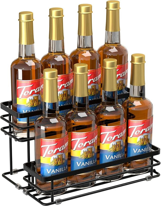 8 Bottle Coffee Syrup Organizer Rack, 2 Tier Coffee Syrup Stand Holder for Coffee Bar, Coffee Syrup Organizer for Countertop, Small Wine Rack for Family, Storage for Syrup, Dressing, Black