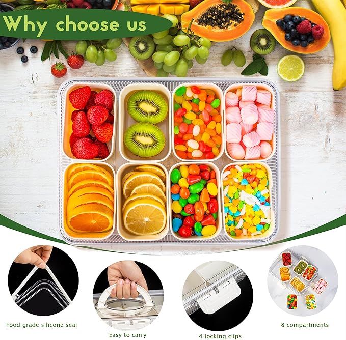 Patent Design Ribbed Snackle Box Container Snack Container Divided Serving Tray with Lid and Handle, 8 Divider Portable Snacklebox for Travel Beach for Charcuterie Veggie Fruit Candy,1 Pack