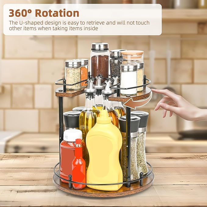 Adjustable 2-Tier Lazy Susan Spice Rack Organizer - Wooden Rotating Turntable for Kitchen Cabinet, Countertop, Pantry Storage, 360° Spice Carousel with Non-Slip Base, Easy Clean Home Decor