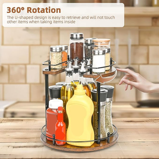 Adjustable 2-Tier Lazy Susan Spice Rack Organizer - Wooden Rotating Turntable for Kitchen Cabinet, Countertop, Pantry Storage, 360° Spice Carousel with Non-Slip Base, Easy Clean Home Decor