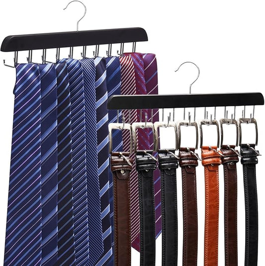 1 Tie Rack & 1 Belt Hanger for Closet, Wooden Tie Hanger for Men with 20 Hooks & Belt Organizer with 14 Hooks, 2 Pack Multi Functional Storage Organizer, Space-Saving