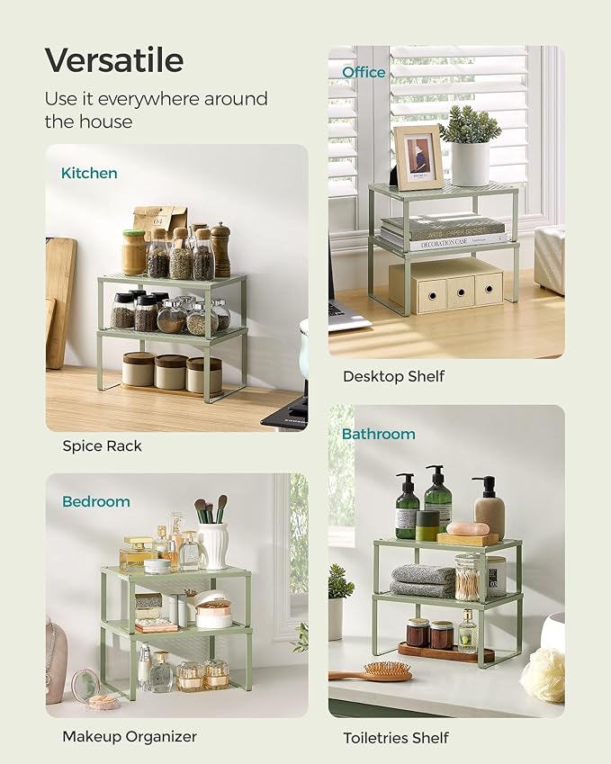 SONGMICS Spice Racks, Set of 2 Metal Cabinet Shelf Organizers, Countertop Organizers, Shelf Risers, Stackable, Expandable, Laurel Green UKCS001C01