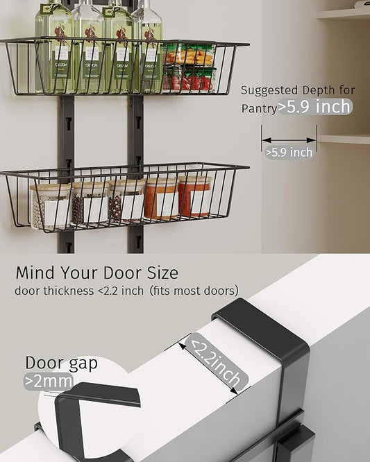 Over The Door Pantry Organizer, 6-Tier Pantry Organizers and Storage with Adjustable Basket, Heavy Duty Metal Spice Rack for Kitchen Bathroom Laundry Room(Black)