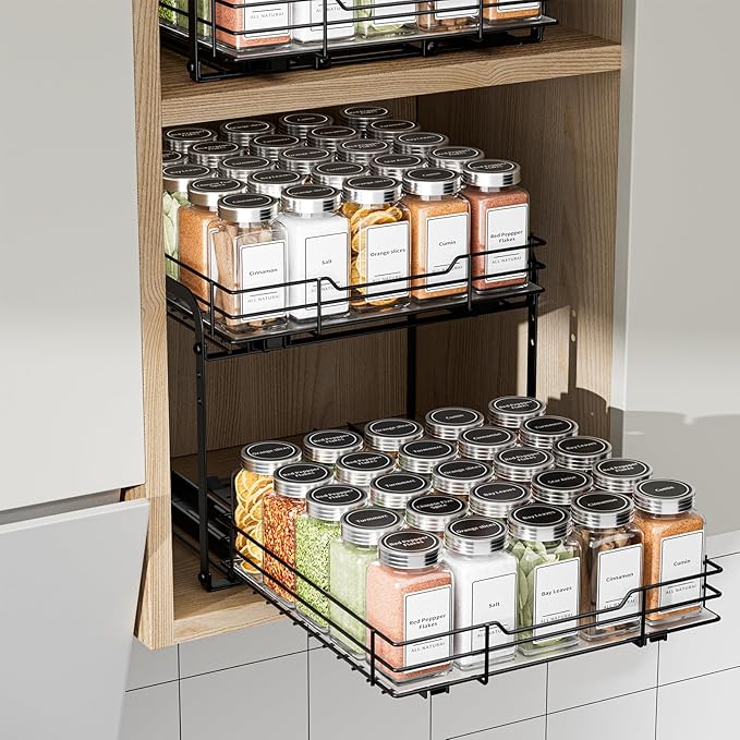 2-Tier Spice Rack Organizer, Pull Out Spice Rack for Cabinet, Height Adjustable Heavy Duty Metal Basket for Inside Cabinets & Pantry (11.5''Wx10.5''Dx9.5''H)