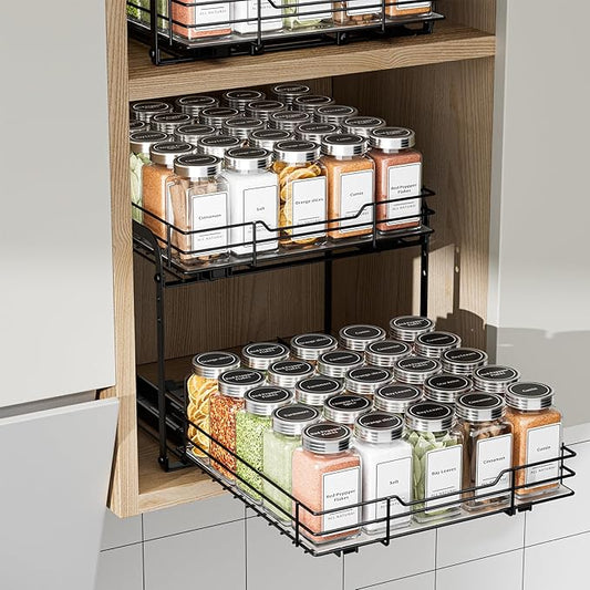 2-Tier Spice Rack Organizer, Pull Out Spice Rack for Cabinet, Height Adjustable Heavy Duty Metal Basket for Inside Cabinets & Pantry (11.5''Wx10.5''Dx9.5''H)
