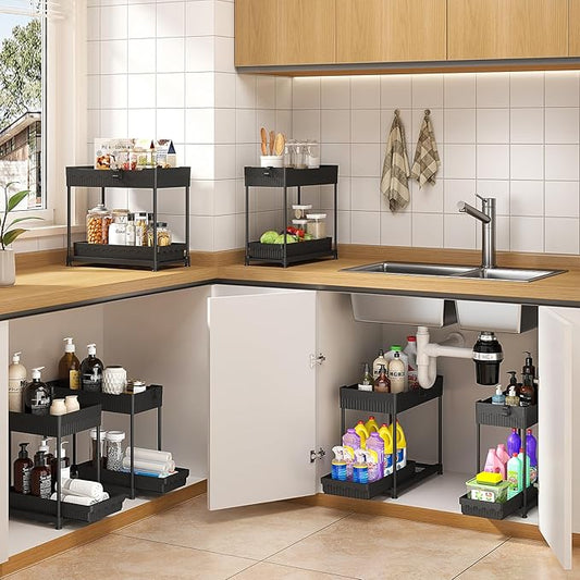 4-Pack Under Sink Organizer, 2-Tier Multi-Use Pull Out Kitchen Bathroom Organizers and Storage with Sliding Drawer, Cabinet Organizer with 2 Hanging Cups and Multi-type Hooks (Black)