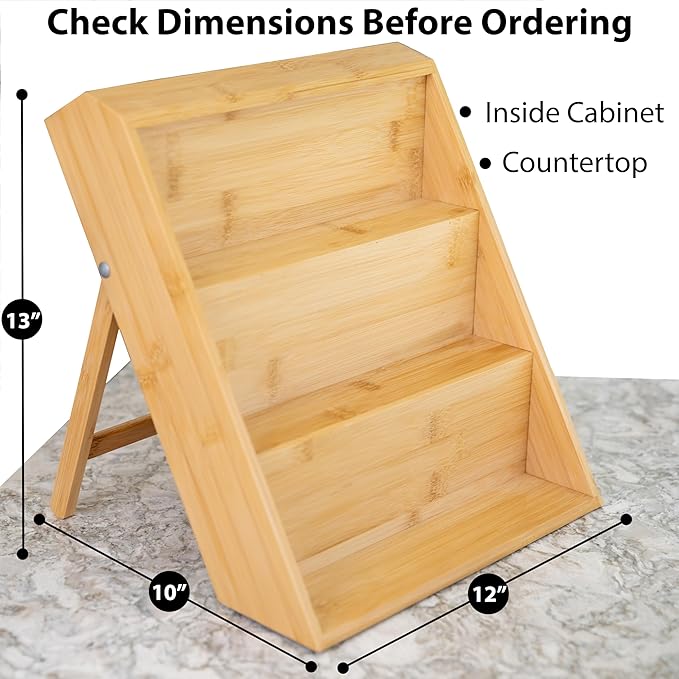 Extra Sturdy 3-Tier Bamboo Spice Rack – 12" W x 10" D x 13" H – Foldable Non-Slip Wooden Spice Organizer for Countertop, Cabinet & Drawer – Includes Labels, Funnel & Hooks