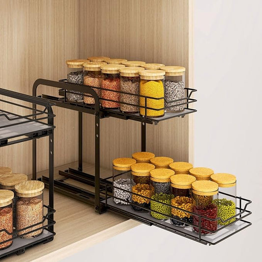 Spice Rack Organizer, 2-Tier Pull Out Spice Organizer, Heavy Duty Metal Basket for Inside Cabinets & Pantry Closet