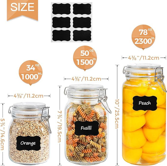 ComSaf Airtight Glass Canister Set of 3 with Lids 34oz Food Storage Jar Square - Storage Container with Clear Preserving Seal Wire Clip Fastening for Kitchen Canning Cereal,Pasta,Sugar,Beans,Spice