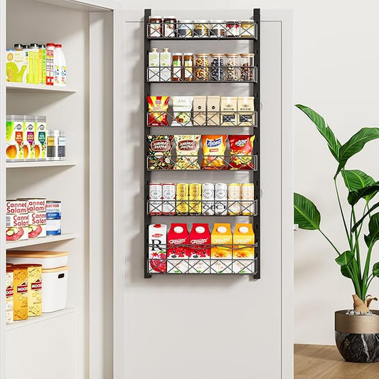 Over the Door Organizer, Black 6-Tier Pantry Door Organizer with Adjustable Basket, Hanging Spice Rack Cabinet Door Shelves, Laundry Room Organization and Storage