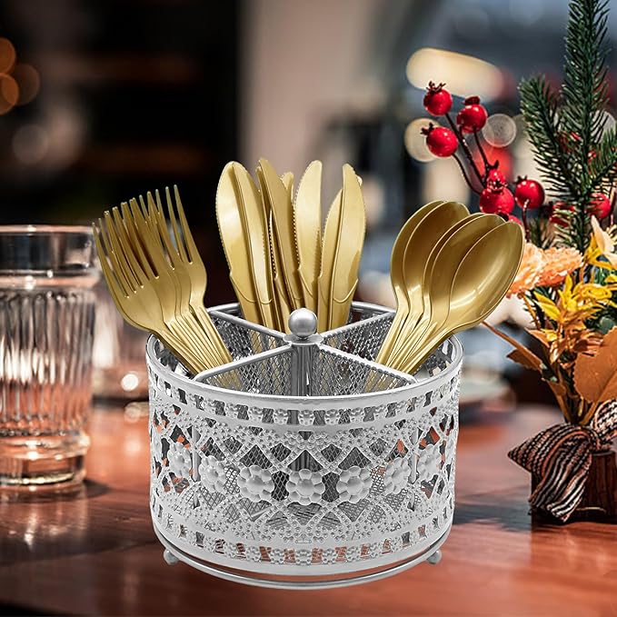 360° Rotating Metal Utensil Caddy - 4 Compartment Vintage Silverware Cutlery Holder Fork Spoon Napkin Organizer Flatware Storage Basket Party Countertop Buffet Picnic Camping Outdoor Silver
