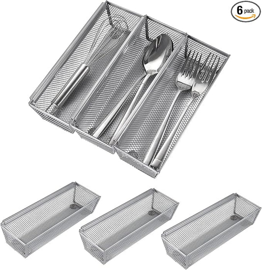 Faridabio Mesh Drawer Organizer,Silverware Organizer for Kitchen Utensil Cutlery Tray with Interlocking Steel Mesh Metal Flatware Organizer Storage Silver (6 pcs)