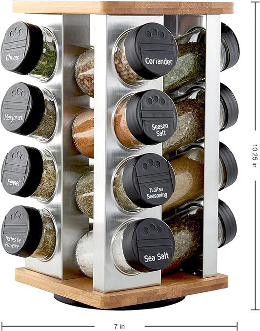 Kamenstein 16 Jar Warner Revolving Countertop Spice Rack Organizer with Lift & Pour Caps and Spices Included, FREE Spice Refills for 5 years, Stainless Steel & Bamboo with Black Caps