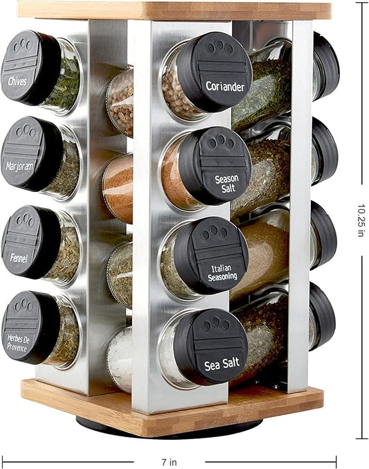 Kamenstein 16 Jar Warner Revolving Countertop Spice Rack Organizer with Lift & Pour Caps and Spices Included, FREE Spice Refills for 5 years, Stainless Steel & Bamboo with Black Caps