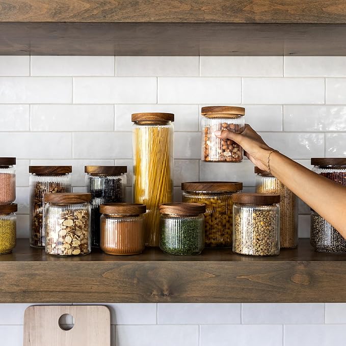 Mason & Fable Ribbed Glass Canisters or Spaghetti Jars with Airtight Wood Lid- Tall Storage Containers for Pasta, Cereal or Flour -Ideal for Kitchen/Pantry Organization - 60 fl.oz, Set of 2