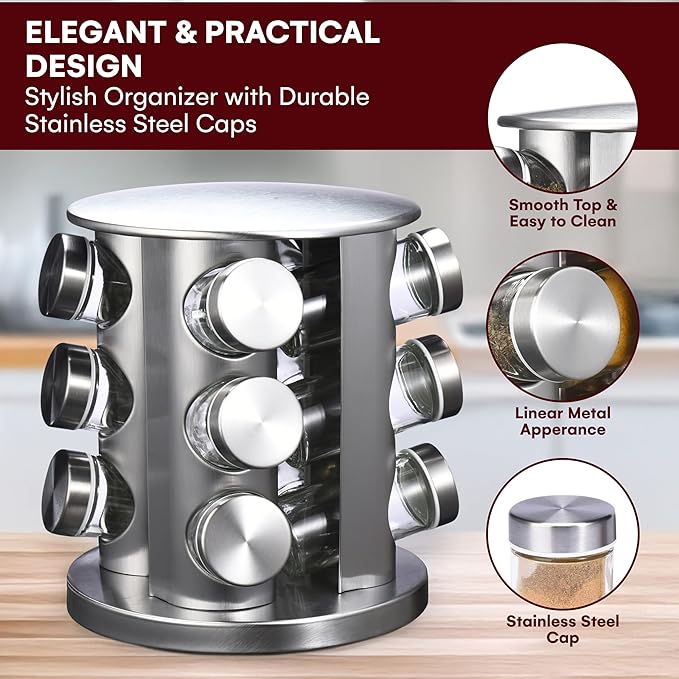 Vdomus Spice Organizer Rack Sets - Rotating Seasoning Jars, Spice - Seasoning Container Rack for Kitchen Countertop & Cabinet - Premium Stainless Steel - Essential Kitchen Organizers